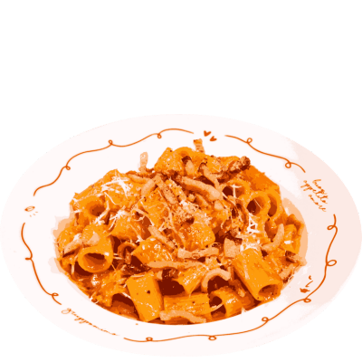 La Amatriciana (Mezze maniche, salsa de tomate, guanciale a la parrilla, Grana Padano y Pecorino rallado DOP)