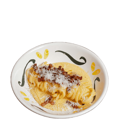Gogo carbo (Spaghetti alla chitarra a la Carbonara, guanciale a la parrilla y Pecorino rallado DOP)