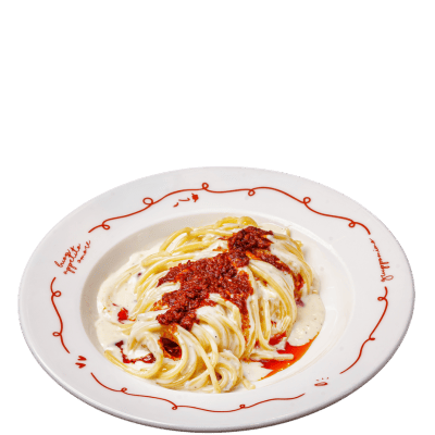Pican’zola (Spaghetti con crema de gorgonzola y salsa nduja calabrese)