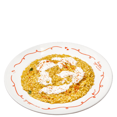 Zuccotto cremoso (Risotto de crema de calabaza butternut, stracciatella y pimiento de Espelette)