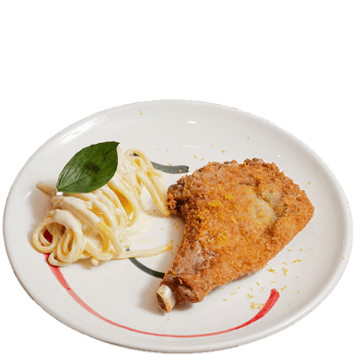Pasta y cotoletta (Cotoletta de ternera empanada acompañada de spaghetti alla chitarra y crema de Grana Padano)