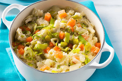 Casseruola contadina di cavolfiore, porri e salmone