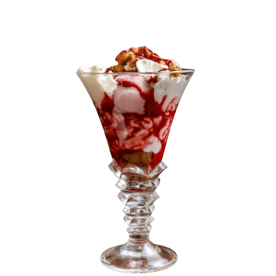 ICE ICE BABY (Trio di gelato: pesca, fragola e melone, crumble alla vaniglia, panna montata & coulis di frutti di bosco)