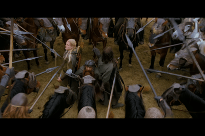 II – Los jinetes de Rohan rodeando a los 3 cazadores